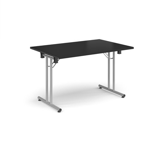 Rectangular folding leg table with silver legs and straight foot rails 1200mm x 800mm - Black