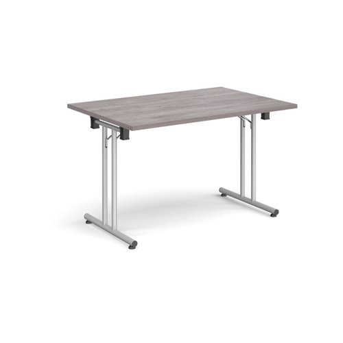 Rectangular folding leg table with silver legs and straight foot rails 1200mm x 800mm - grey oak
