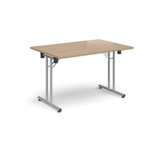 Rectangular folding leg table with silver legs and straight foot rails 1200mm x 800mm - Kendal Oak