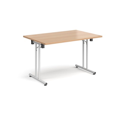 Rectangular folding leg table with white legs and straight foot rails 1200mm x 800mm - beech