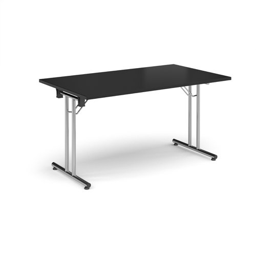 Rectangular folding leg table with chrome legs and straight foot rails 1400mm x 800mm - Black