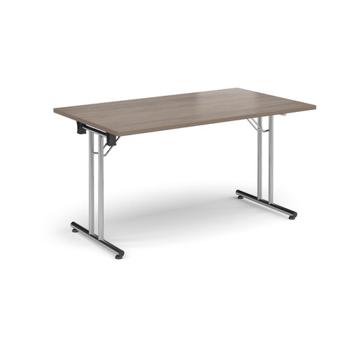 Rectangular folding leg table with chrome legs and straight foot rails 1400mm x 800mm - Barcelona Walnut