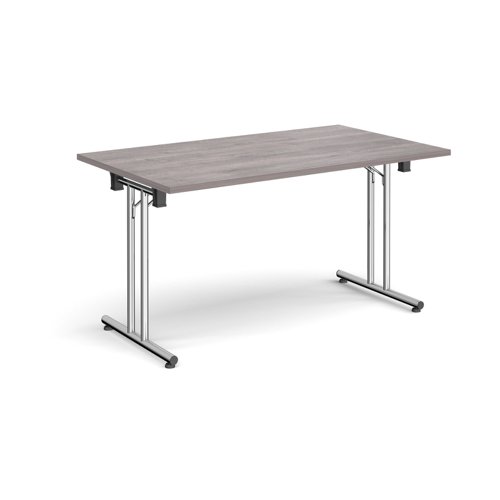 Rectangular folding leg table with chrome legs and straight foot rails 1400mm x 800mm - grey oak