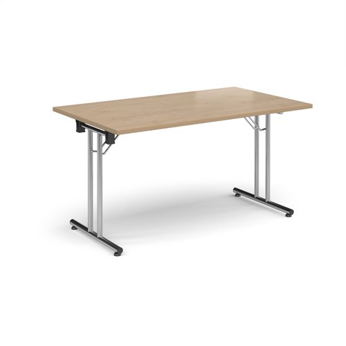 Rectangular folding leg table with chrome legs and straight foot rails 1400mm x 800mm - Kendal Oak