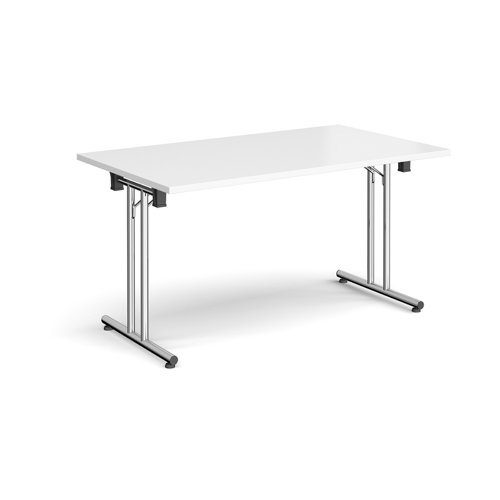 Rectangular folding leg table with chrome legs and straight foot rails 1400mm x 800mm - white SFL1400-C-WH Buy online at Office 5Star or contact us Tel 01594 810081 for assistance