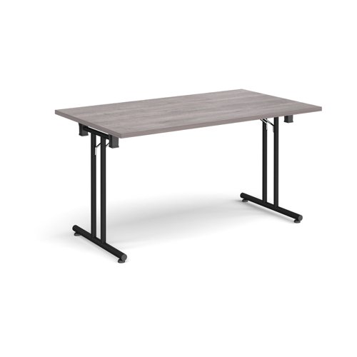 Rectangular folding leg table with black legs and straight foot rails 1400mm x 800mm - grey oak