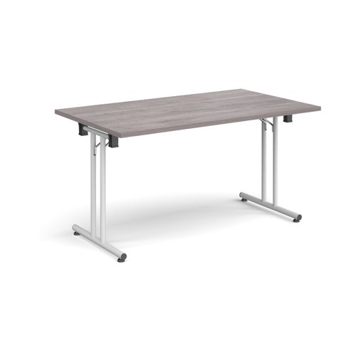 Rectangular folding leg table with white legs and straight foot rails 1400mm x 800mm - grey oak
