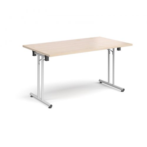 Rectangular folding leg table with white legs and straight foot rails 1400mm x 800mm - maple