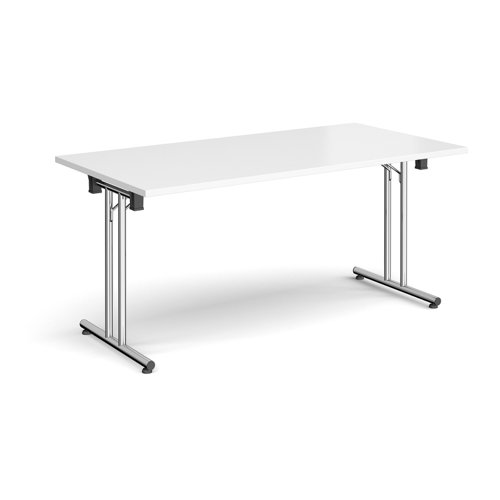 Rectangular folding leg table with chrome legs and straight foot rails 1600mm x 800mm - white