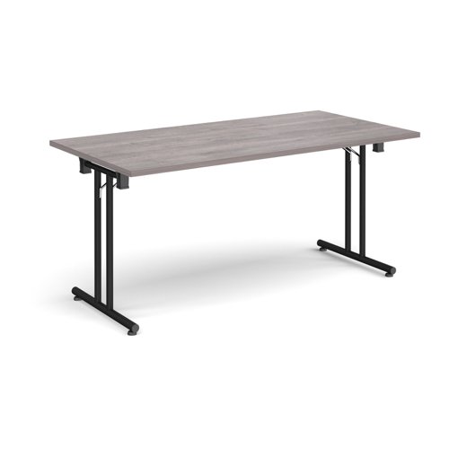 Rectangular folding leg table with black legs and straight foot rails 1600mm x 800mm - grey oak