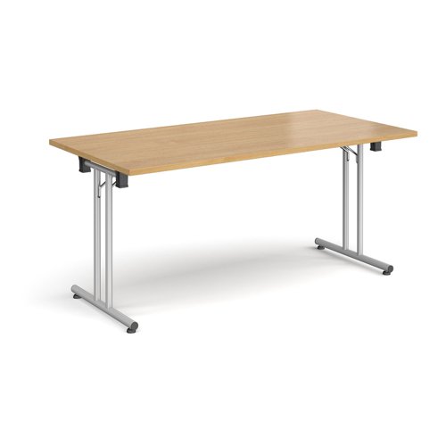 Rectangular folding leg table with silver legs and straight foot rails 1600mm x 800mm - oak