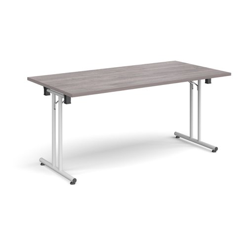 Rectangular folding leg table with white legs and straight foot rails 1600mm x 800mm - grey oak