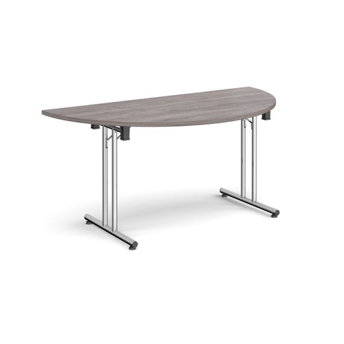 Semi circular folding leg table with chrome legs and straight foot rails 1600mm x 800mm - grey oak