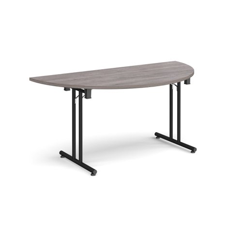 Semi circular folding leg table with black legs and straight foot rails 1600mm x 800mm - grey oak