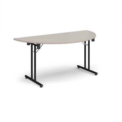 Semi circular folding leg table with black legs and straight foot rails 1600mm x 800mm - Light Grey