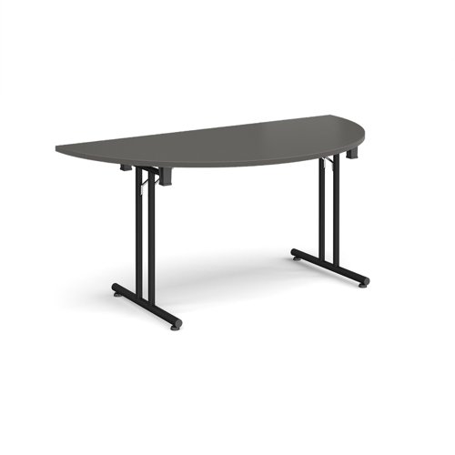 Semi circular folding leg table with black legs and straight foot rails 1600mm x 800mm - Onyx Grey