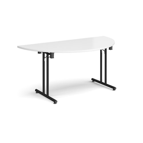 Semi circular folding leg table with black legs and straight foot rails 1600mm x 800mm - white SFL1600S-K-WH Buy online at Office 5Star or contact us Tel 01594 810081 for assistance