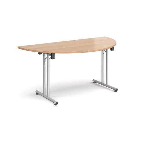 Semi circular folding leg table with silver legs and straight foot rails 1600mm x 800mm - beech Meeting Tables SFL1600S-S-B