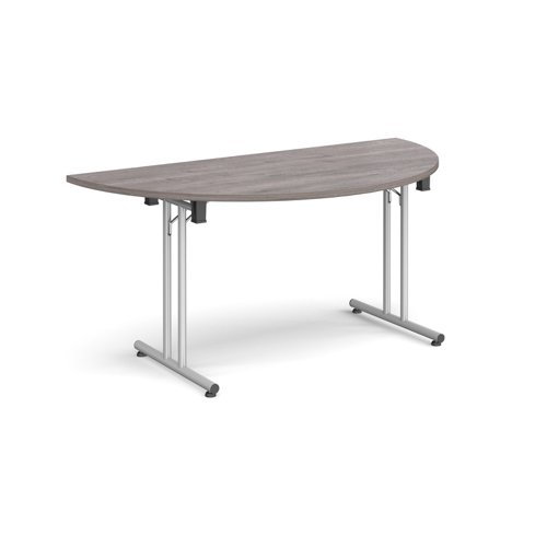 Semi circular folding leg table with silver legs and straight foot rails 1600mm x 800mm - grey oak