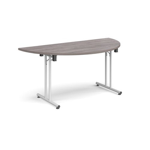 Semi circular folding leg table with white legs and straight foot rails 1600mm x 800mm - grey oak
