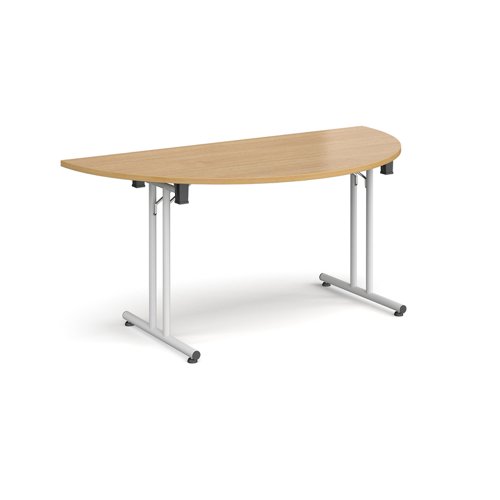 Semi circular folding leg table with white legs and straight foot rails 1600mm x 800mm - oak SFL1600S-WH-O Buy online at Office 5Star or contact us Tel 01594 810081 for assistance