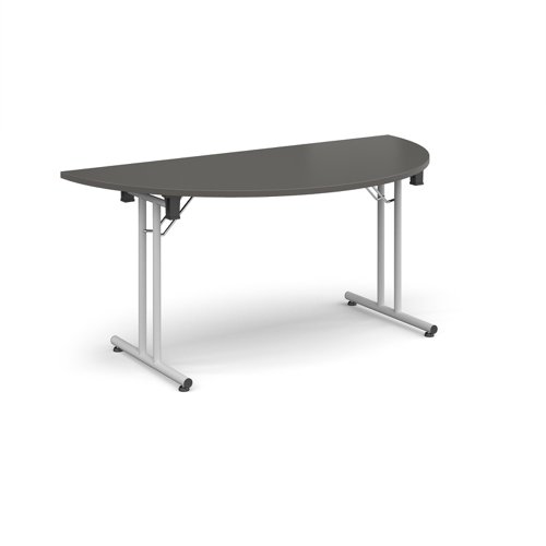 Semi circular folding leg table with white legs and straight foot rails 1600mm x 800mm - Onyx Grey