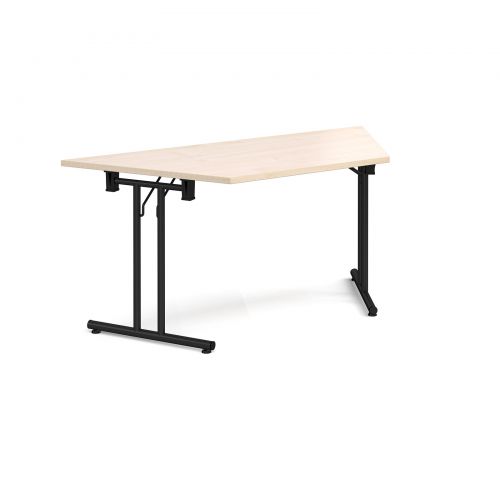 Trapezoidal folding leg table with black legs and straight foot rails 1600mm x 800mm - maple