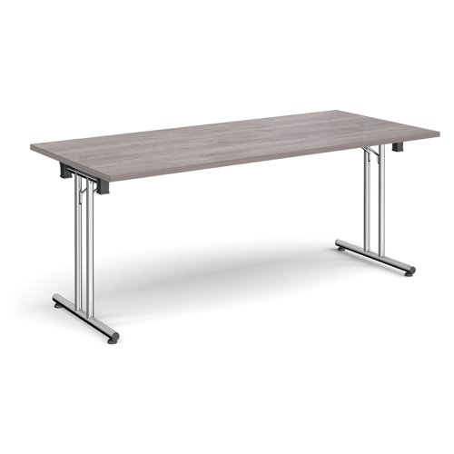 Rectangular folding leg table with chrome legs and straight foot rails 1800mm x 800mm - grey oak