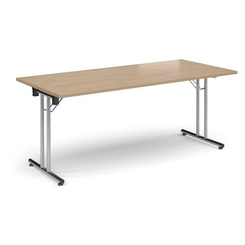 Rectangular folding leg table with chrome legs and straight foot rails 1800mm x 800mm - Kendal Oak