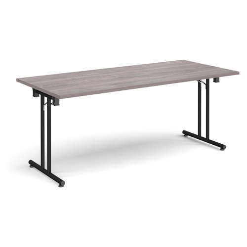 Rectangular folding leg table with black legs and straight foot rails 1800mm x 800mm - grey oak