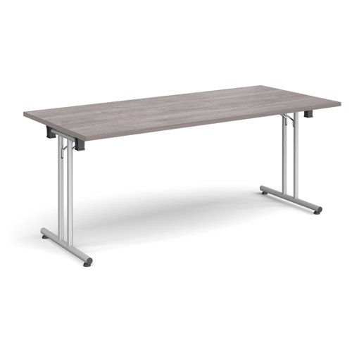 Rectangular folding leg table with silver legs and straight foot rails 1800mm x 800mm - grey oak