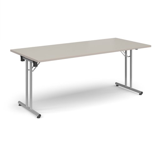 Rectangular folding leg table with silver legs and straight foot rails 1800mm x 800mm - Light Grey