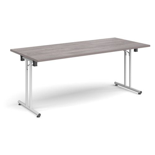 Rectangular folding leg table with white legs and straight foot rails 1800mm x 800mm - grey oak