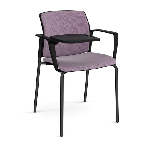 Santana 4 leg stacking chair with fabric seat and back, black frame with arms and writing tablet - made to order