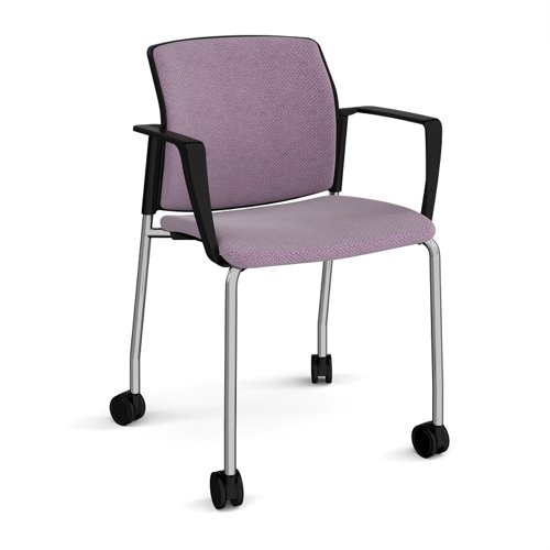 Santana 4 leg mobile chair with fabric seat and back, chrome frame with castors and fixed arms - made to order