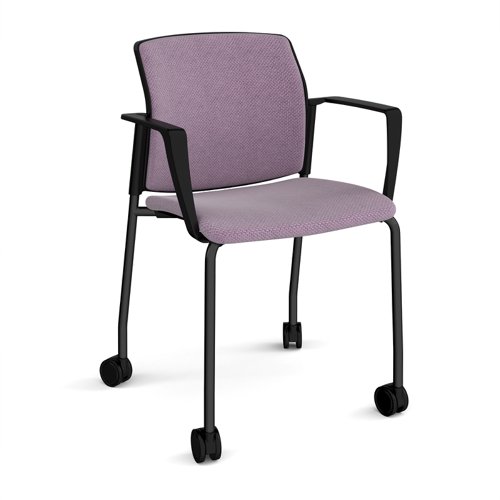 Santana 4 leg mobile chair with fabric seat and back, black frame with castors and fixed arms - made to order