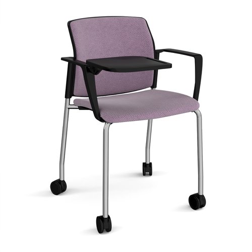 Santana 4 leg mobile chair with fabric seat and back, chrome frame with castors, arms and writing tablet - made to order