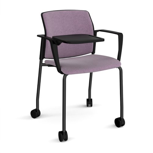Santana 4 leg mobile chair with fabric seat and back, black frame with castors, arms and writing tablet - made to order