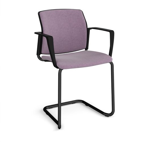 Santana cantilever chair with fabric seat and back, black frame and fixed arms - made to order