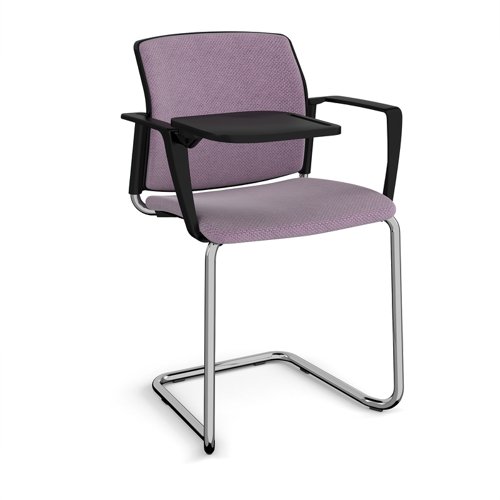 Santana cantilever chair with fabric seat and back, chrome frame with arms and writing tablet - made to order