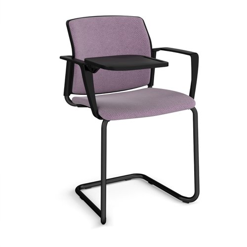 Santana cantilever chair with fabric seat and back, black frame with arms and writing tablet - made to order