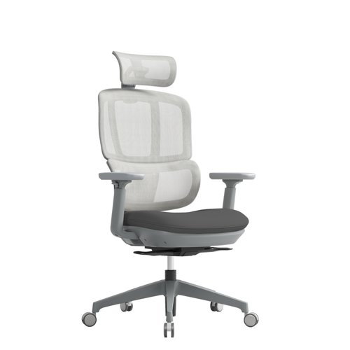 Shelby grey mesh back operator chair with headrest and grey fabric seat