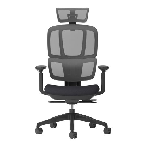 Shelby black mesh back operator chair with headrest and black fabric seat