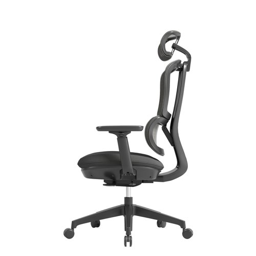 Shelby black mesh back operator chair with headrest and black fabric seat