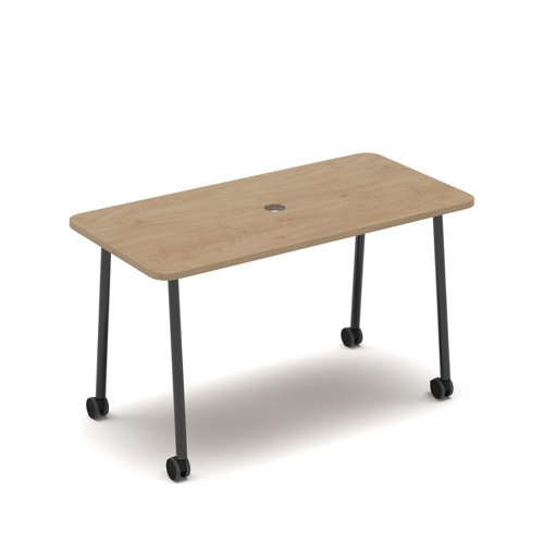 Show mobile meeting power ready table with central 80mm circular cutout 1400 x 700mm - kendal oak top