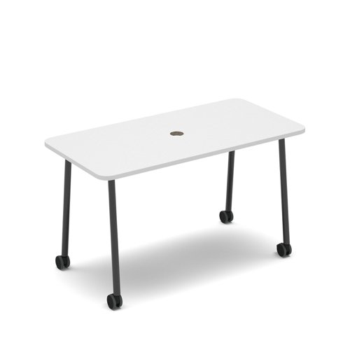 Show mobile meeting power ready table with central 80mm circular cutout 1400 x 700mm - white top | SHW-DT14-P-WH | Dams International