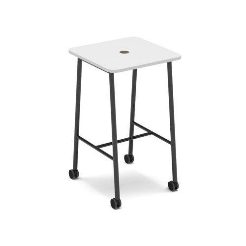 Show mobile poseur power ready table with central 80mm circular cutout 700 x 700mm - white top | SHW-PT07-P-WH | Dams International