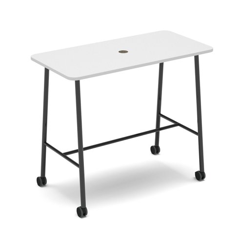 Show mobile poseur power ready table with central 80mm circular cutout 1400 x 700mm - white top | SHW-PT14-P-WH | Dams International