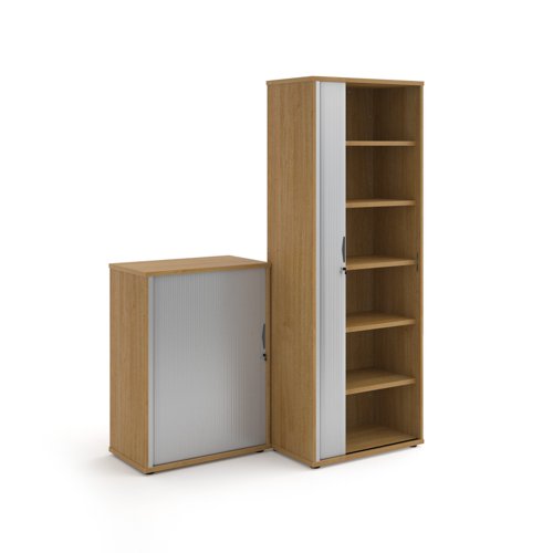 Universal single door tambour cupboard 2140mm high with 5 shelves - oak with silver door R2140TCO Buy online at Office 5Star or contact us Tel 01594 810081 for assistance