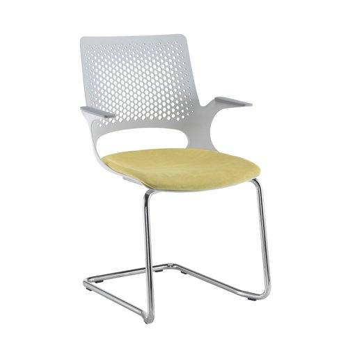 Solus designer cantilever meeting chair with upholstered seat, chrome frame and dove grey shell - made to order